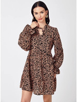 Women Tie Neck Flounce Sleeve Leopard Smock Dress