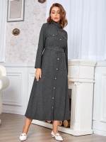 Women Stand Neck Button Front Belted Dress