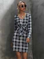 Women Plaid Knot Front Fitted Dress