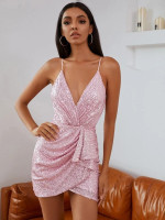 Women Double Crazy Wrap Ruched Draped Sequin Dress