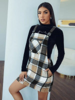 Women Patch Pocket Plaid Overall Dress Without Top