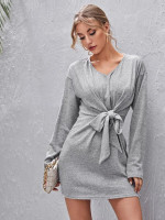 Women Tie Front Drop Shoulder Marled Knit Dress