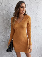 Women V Neck Rib-knit Bodycon Dress