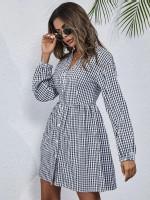 Women Button Front Gingham Smock Dress