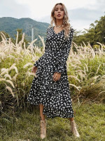 Women Dalmatian Print Asymmetric Ruffle Hem Belted Dress