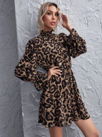 Women Flounce Sleeve Shirred Detail Leopard Dress