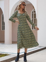 Women Ditsy Floral Sweetheart Puff Sleeve Dress Without Belt