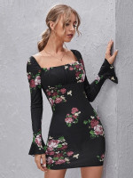 Women Flounce Sleeve Ruched Bust Floral Dress