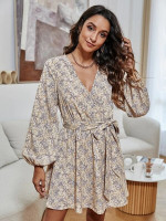 Women Surplice Front Allover Floral Belted A-line Dress