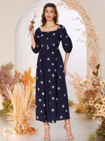 Women Square Neck Floral Embroidery A-line Dress