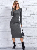 Women Solid Long Sleeve Rib-knit Dress