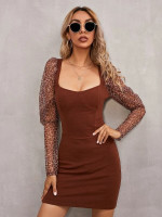 Women Sheer Leopard Mesh Gigot Sleeve Bodycon Dress