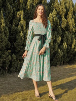 Women Floral Print Contrast Belted Shirred Dress