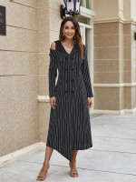 Women Double Button Stripe Asymmetric Hem Dress