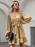 Women Solid Button Front Belted Dress