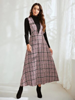 Women Tweed Plaid Plunging Overall Dress Without Belt
