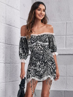 Women Off Shoulder Lace Trim Tie Front Leopard Dress