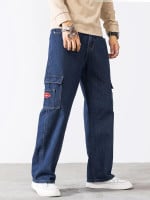 Men Embroidery Flap Pockets Cargo Jeans