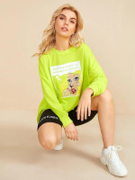 Women Neon Lime Figure & Letter Print Sweatshirt