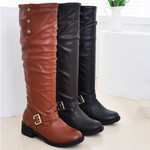 Women Knee High Boots Retro Low Heels Buckle Long Tube Leather Knight Boots