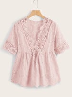 Women Eyelet Embroidery Lace Panel Smock Blouse
