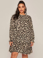 Women Plus Size Ruffle Hem Leopard Smock Dress