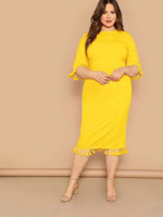 Women Plus Size Tassel Trim Solid Pencil Dress