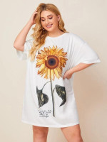 Women Plus Size Drop Shoulder Slogan & Sunflower Print Tee Dress