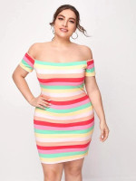 Women Plus Size Rainbow Striped Bodycon Mini Dress