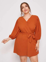 Women Plus Size Solid Belted A-line Dress