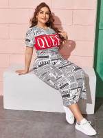 Women Plus Size Newspaper Print Dress
