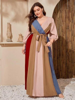 Women Plus Size Colorblock Belted Peasant Sleeve Maxi Dress