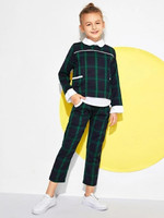 Girls Zip Back Contrast Trim Plaid Top With Pants