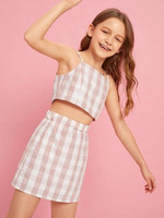 Girls Gingham Cami Top And Skirt Set