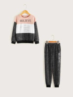Girls Letter Graphic Colorblock Pullover & Joggers Set