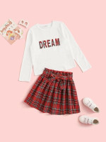 Girls Letter Graphic Tee And Belted Knot Tartan Skirt Set