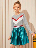 Girls Heather Grey Top And Striped Trim Metallic Skirt Set