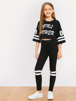 Girls Letter And Striped Print Top And Leggings Set