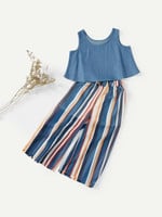 Girls Crop Vest With Striped Wide Leg Pants