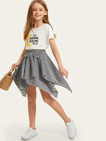 Girls Mixed Print Top & Knot Front Gingham Hanky Skirt