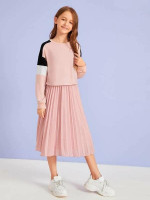 Girls Colorblock Pullover And Pleated Skirt Set