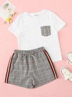 Girls Plaid Pocket Top & Side Striped Shorts Set