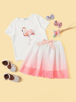 Girls Flower Applique Flamingo Print Top & Knot Waist Ombre Shorts Set