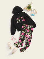 Girls Floral And Letter Graphic Hoodie And Leggings Set