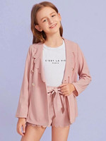 Girls Double Button Scalloped Coat & Shorts Set With Belt