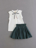 Girls Bow Tie Neck Top With Skirt
