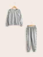 Girls Letter Tape Side Space Dye Pullover And Joggers Set