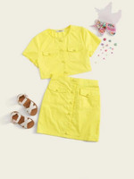Girls Flap Pocket Front Button Up Top And Skirt Set