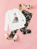 Girls Faux Fur Detail Figure Graphic Pullover And Leggings Set