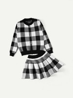 Girls Check Plaid Jacket With Skirt